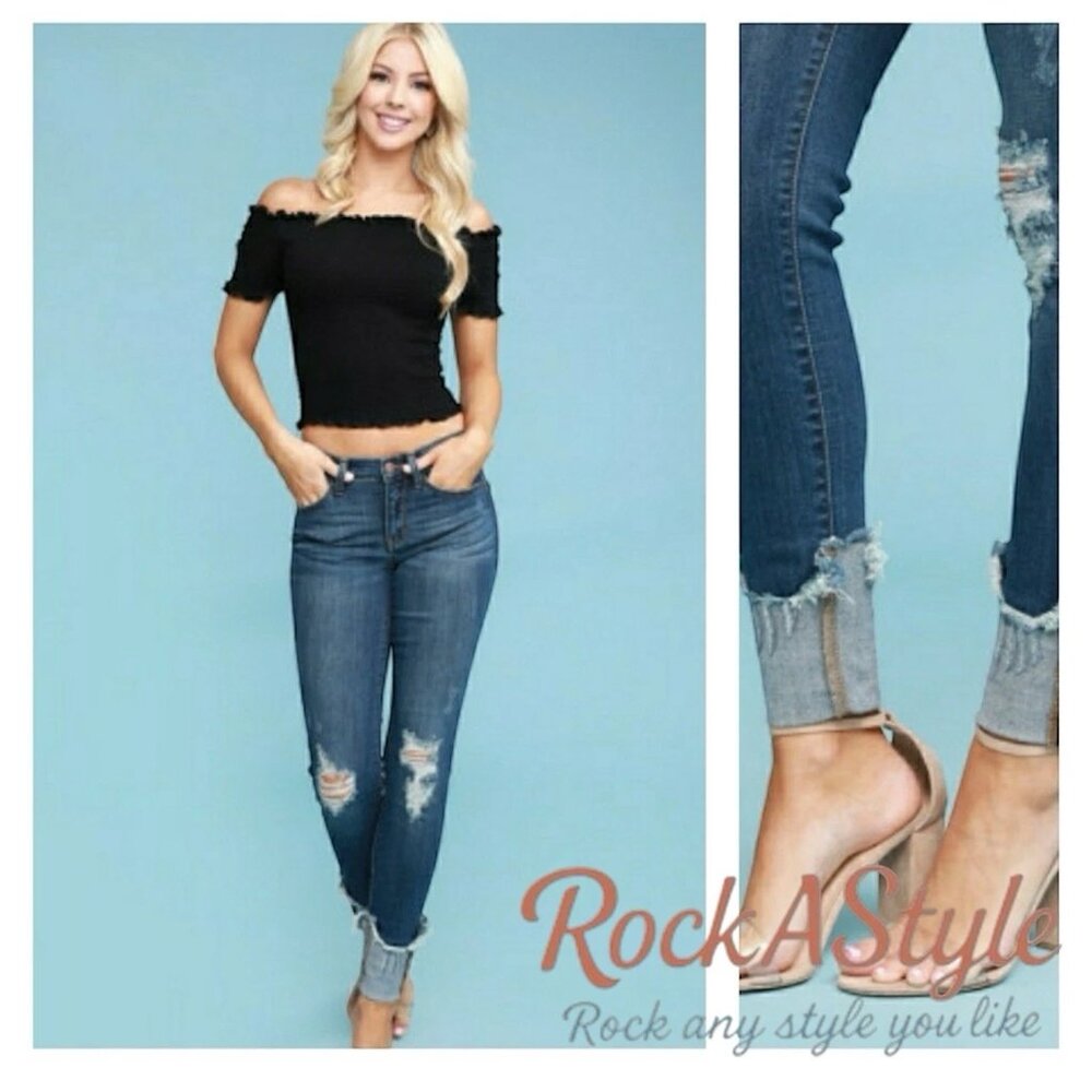 Judy Blue Skinny Jeans Size 11/30 Distressed Stretch Mid Rise Raw Hem - Picture 2 of 9